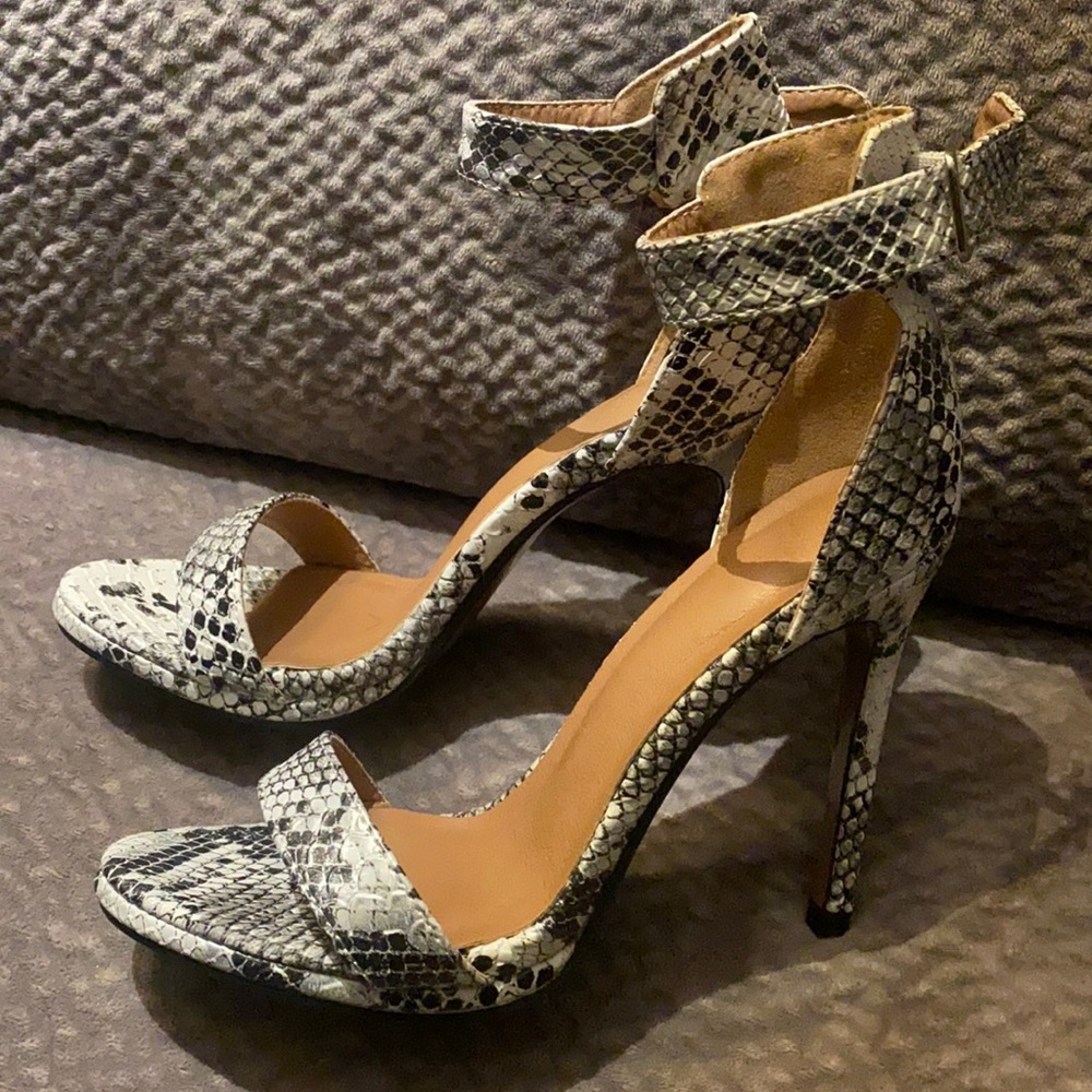 Snake print high heeled sandals